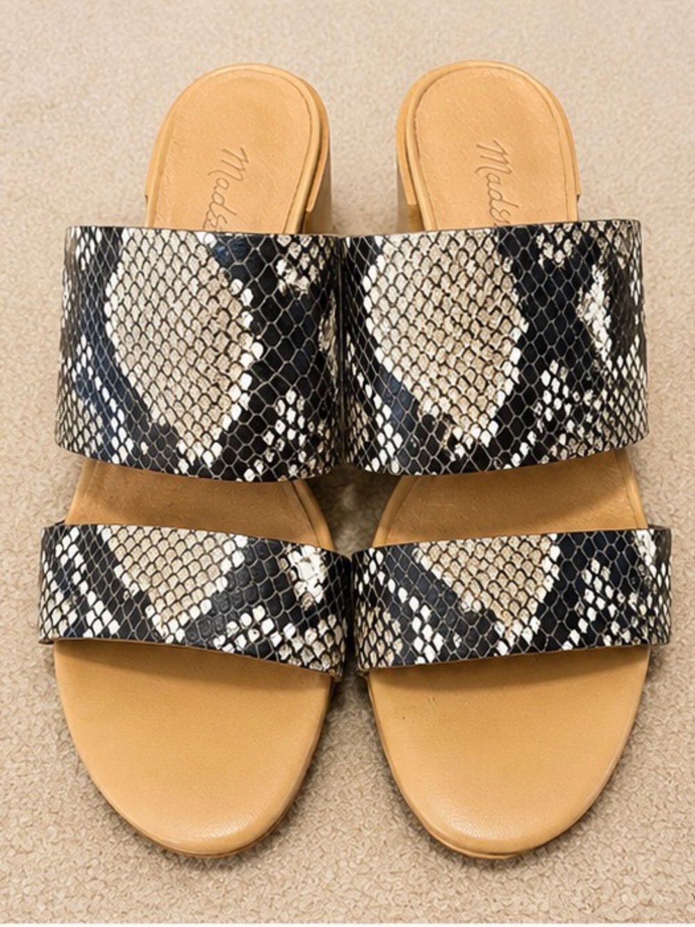 Madewell Black and Tan Snake-Print Dual Strap Slide Sandals